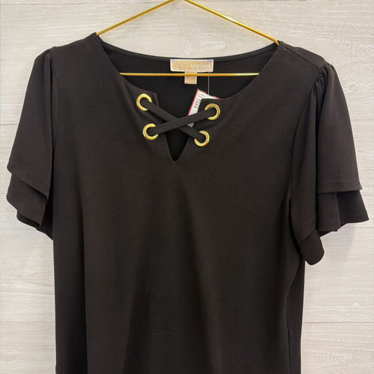 Michael Kors Black Short Sleeve Lace Up Neck Top Large