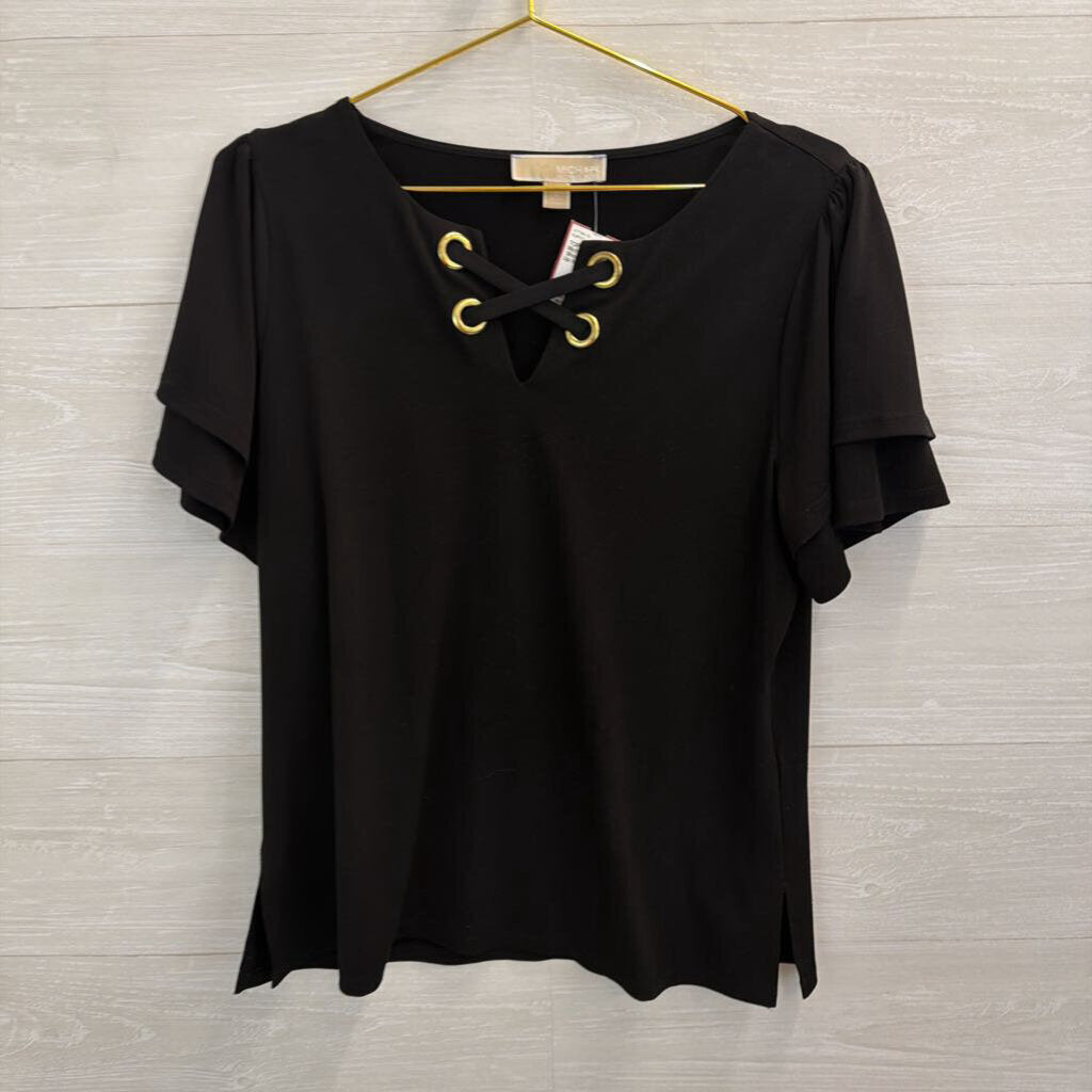 Michael Kors Black Short Sleeve Lace Up Neck Top Large