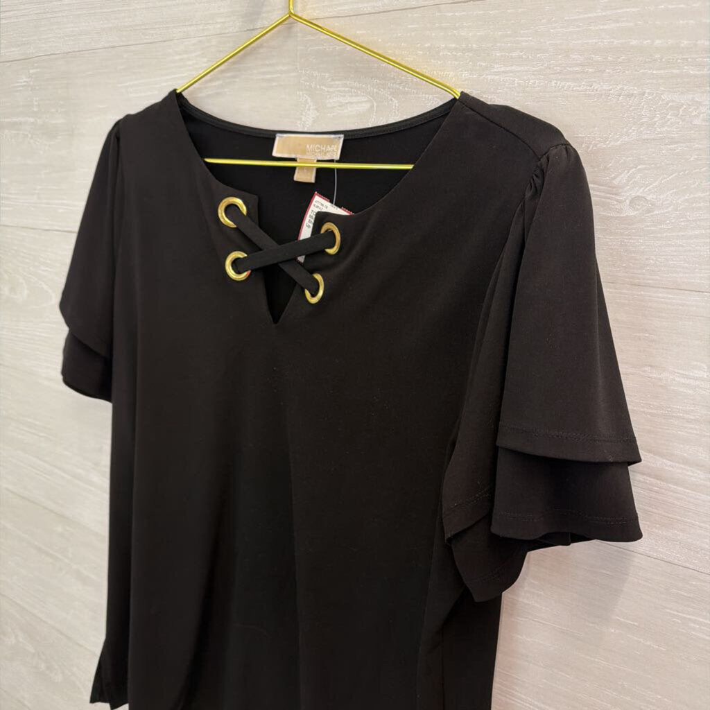 Michael Kors Black Short Sleeve Lace Up Neck Top Large