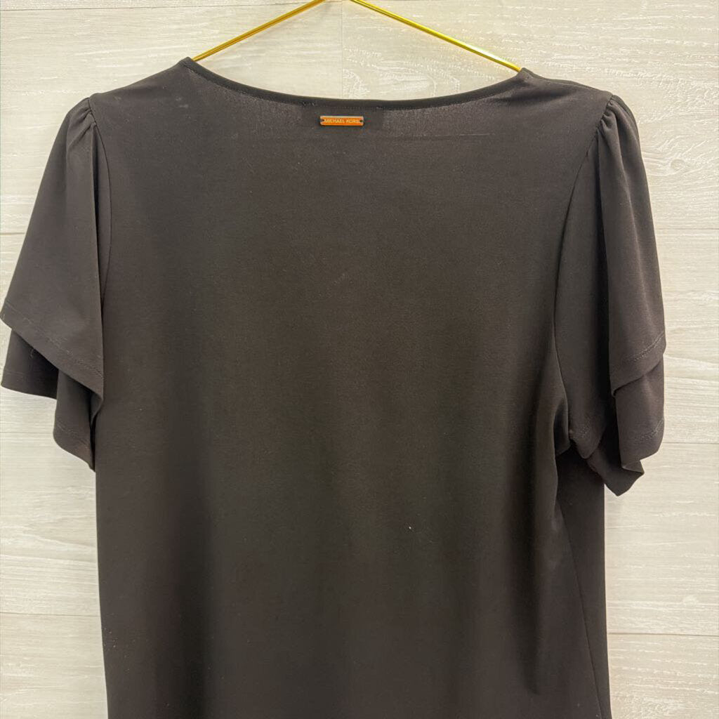 Michael Kors Black Short Sleeve Lace Up Neck Top Large
