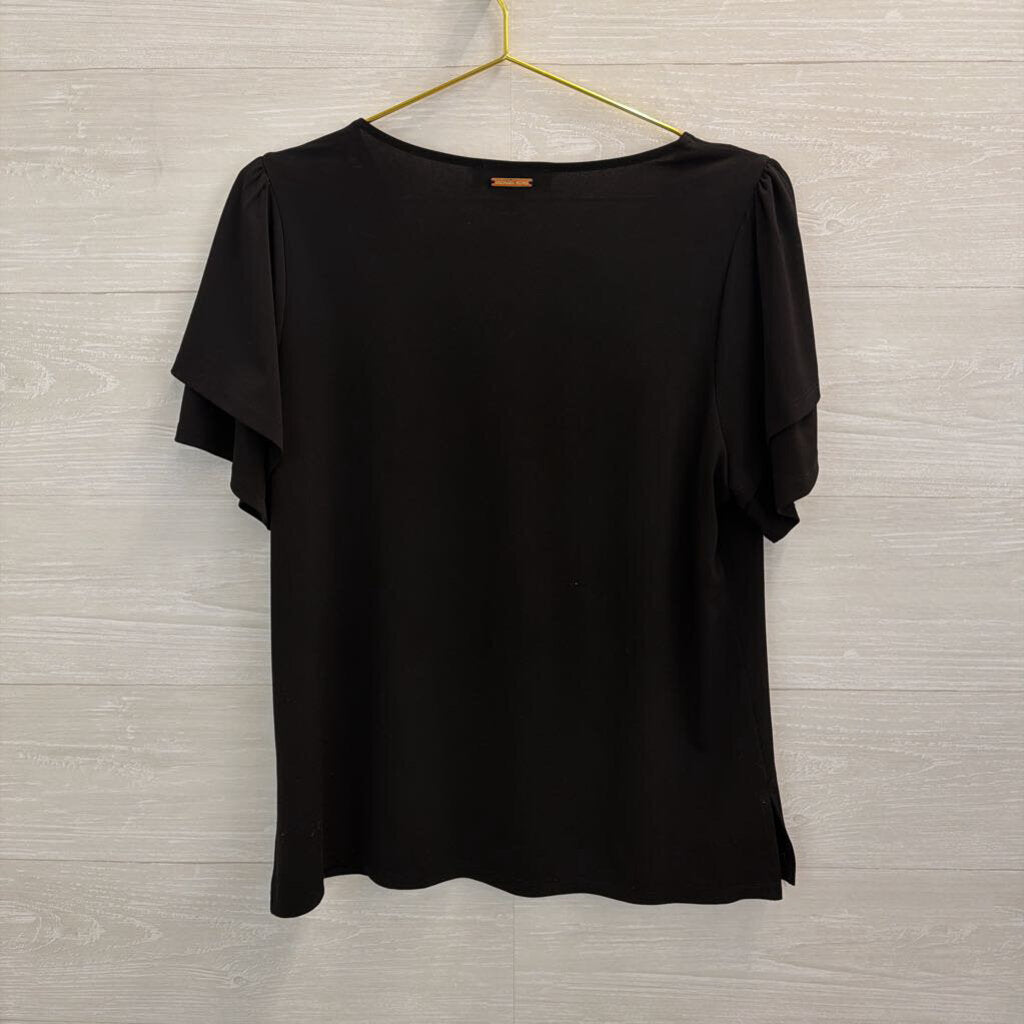 Michael Kors Black Short Sleeve Lace Up Neck Top Large