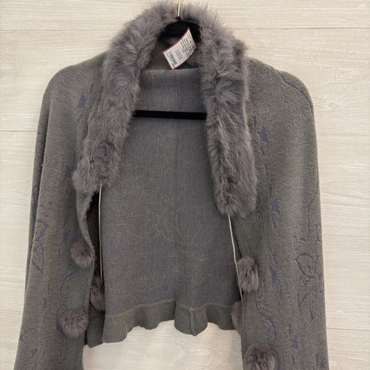 Grey Fuzzy Pom Poms Shoulder Cape Top One Size