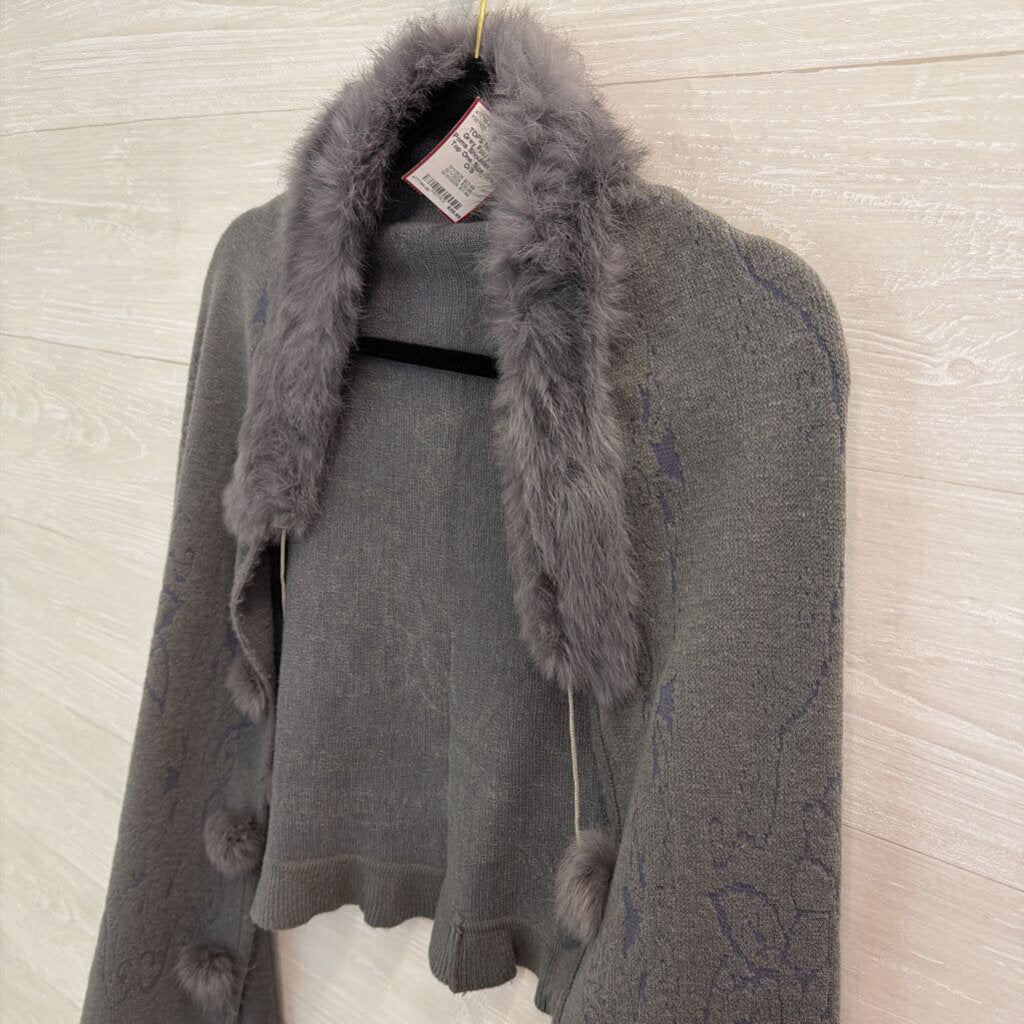 Grey Fuzzy Pom Poms Shoulder Cape Top One Size