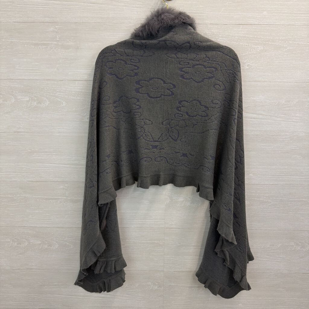 Grey Fuzzy Pom Poms Shoulder Cape Top One Size