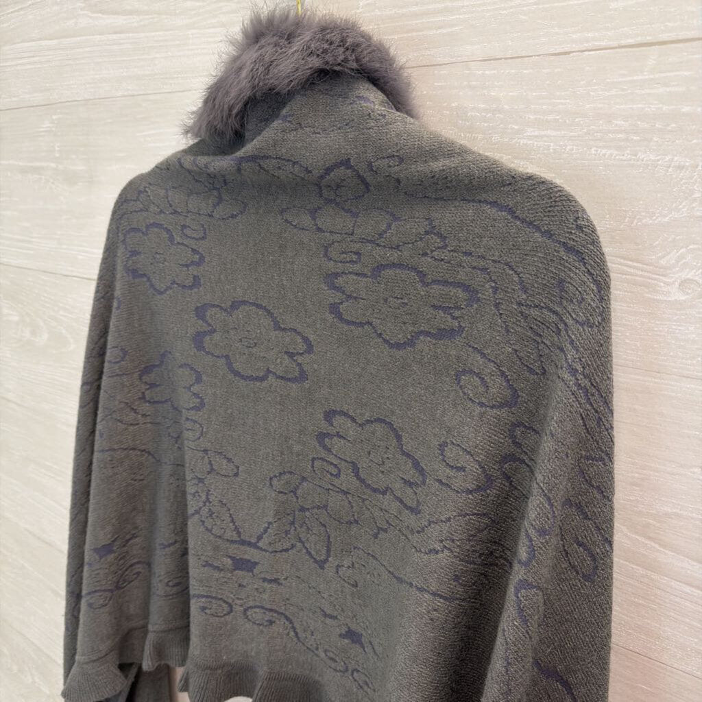 Grey Fuzzy Pom Poms Shoulder Cape Top One Size