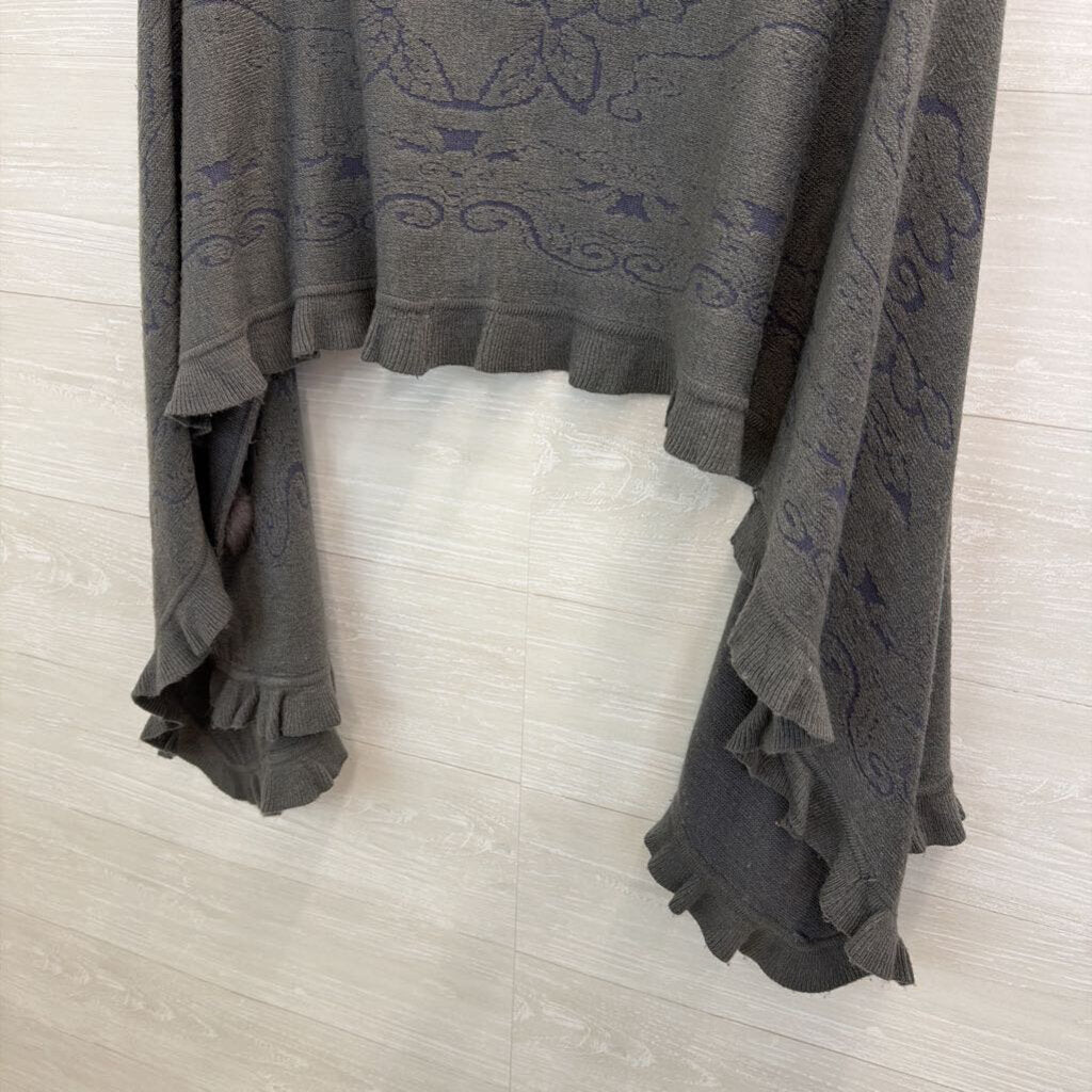 Grey Fuzzy Pom Poms Shoulder Cape Top One Size