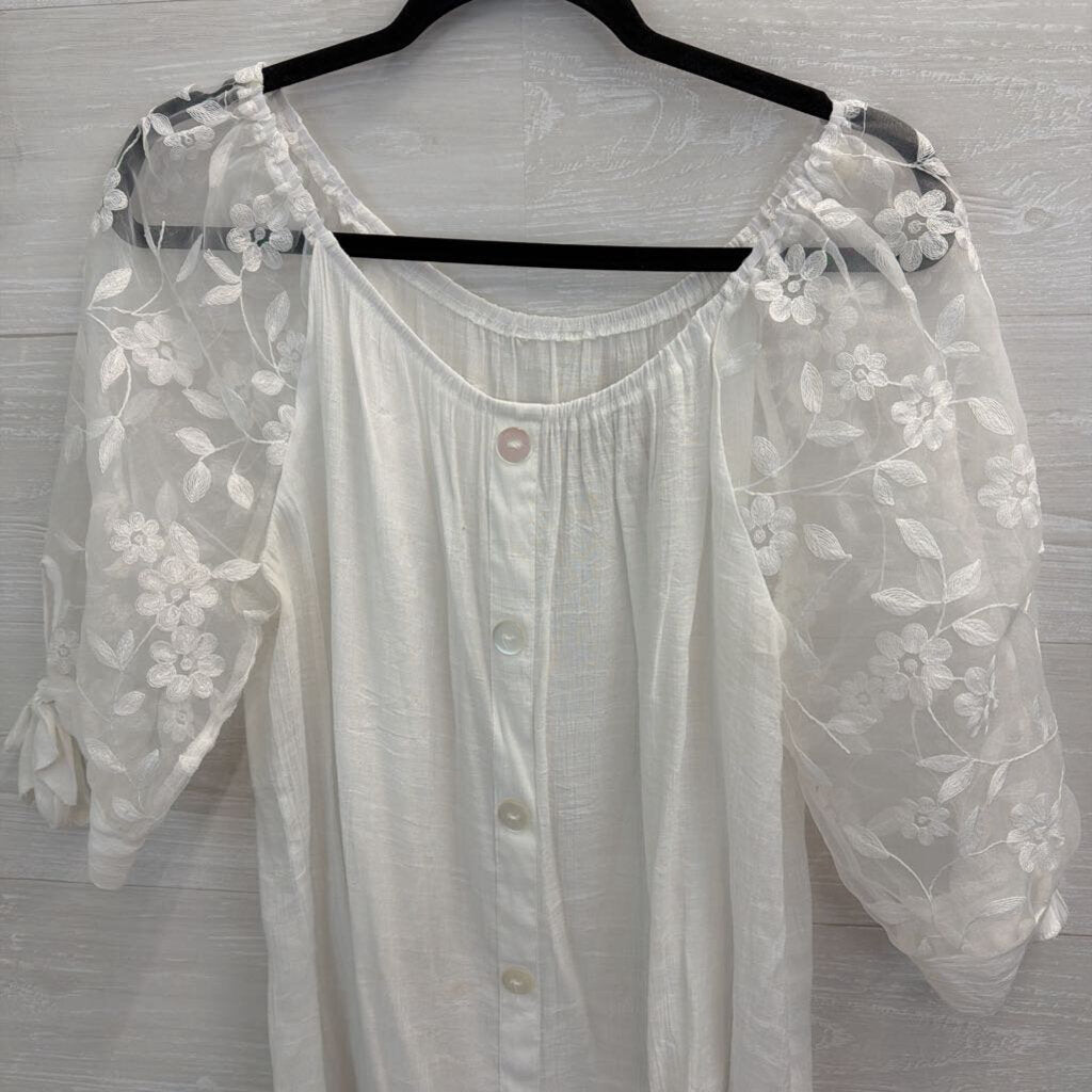 White Button Front Sheer Embroidered Puff Sleeve Top Large