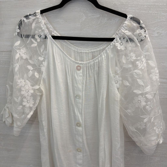 White Button Front Sheer Embroidered Puff Sleeve Top Large
