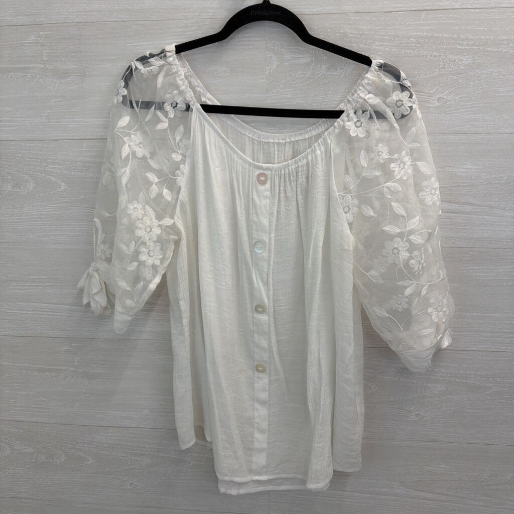 White Button Front Sheer Embroidered Puff Sleeve Top Large