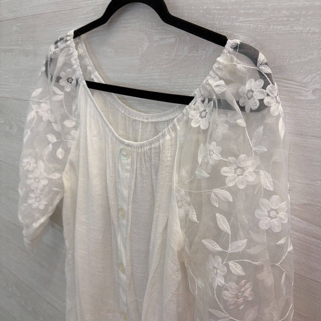 White Button Front Sheer Embroidered Puff Sleeve Top Large