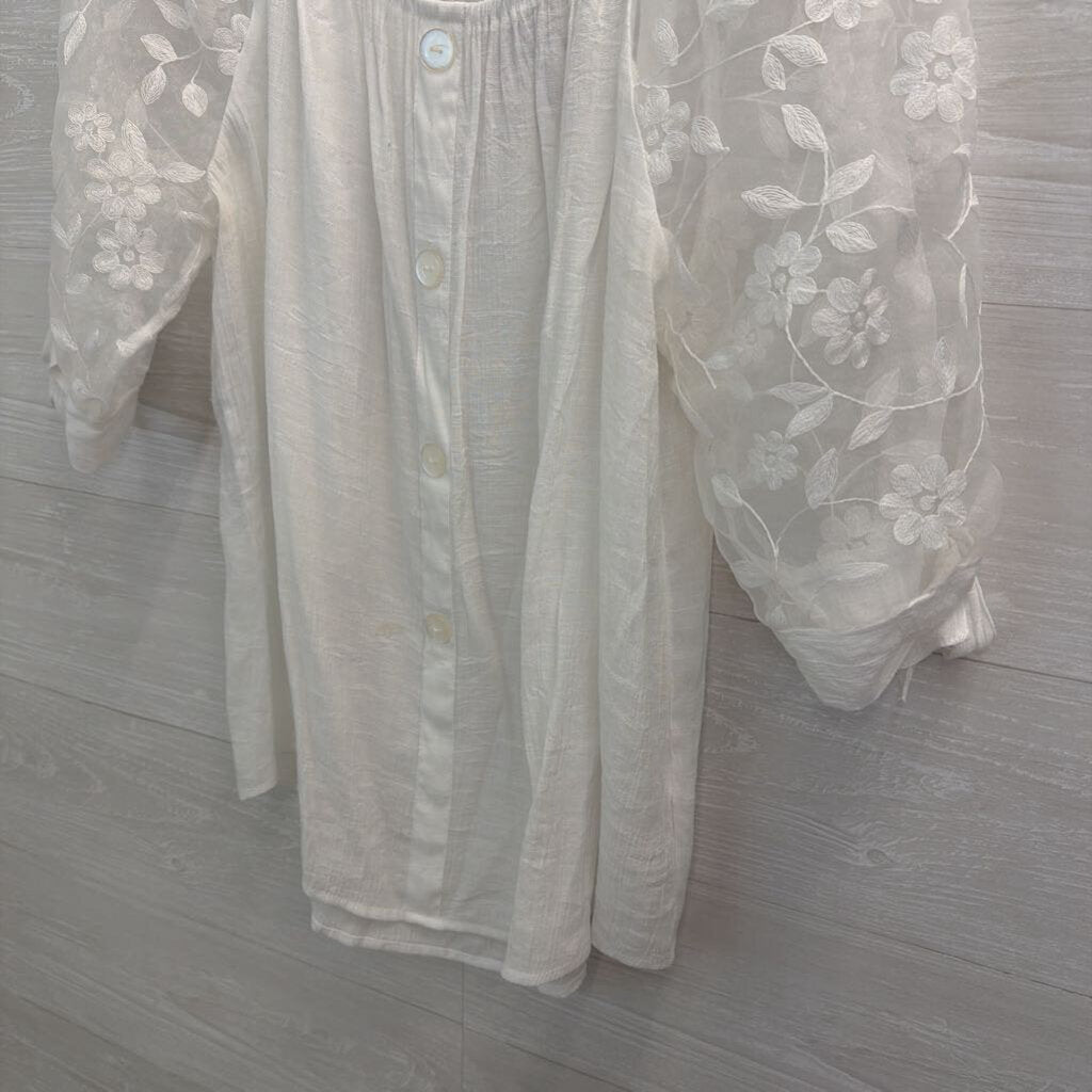 White Button Front Sheer Embroidered Puff Sleeve Top Large