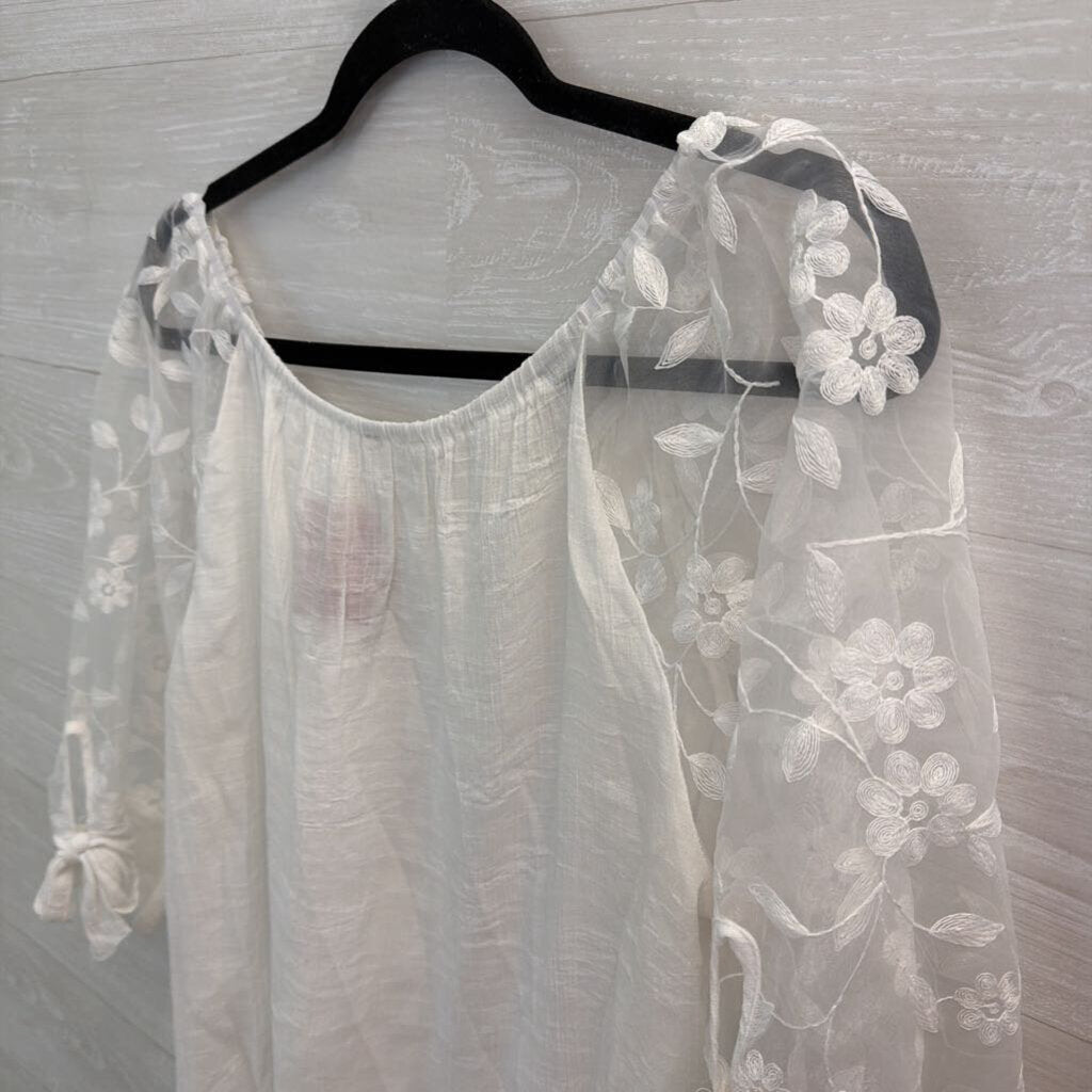 White Button Front Sheer Embroidered Puff Sleeve Top Large