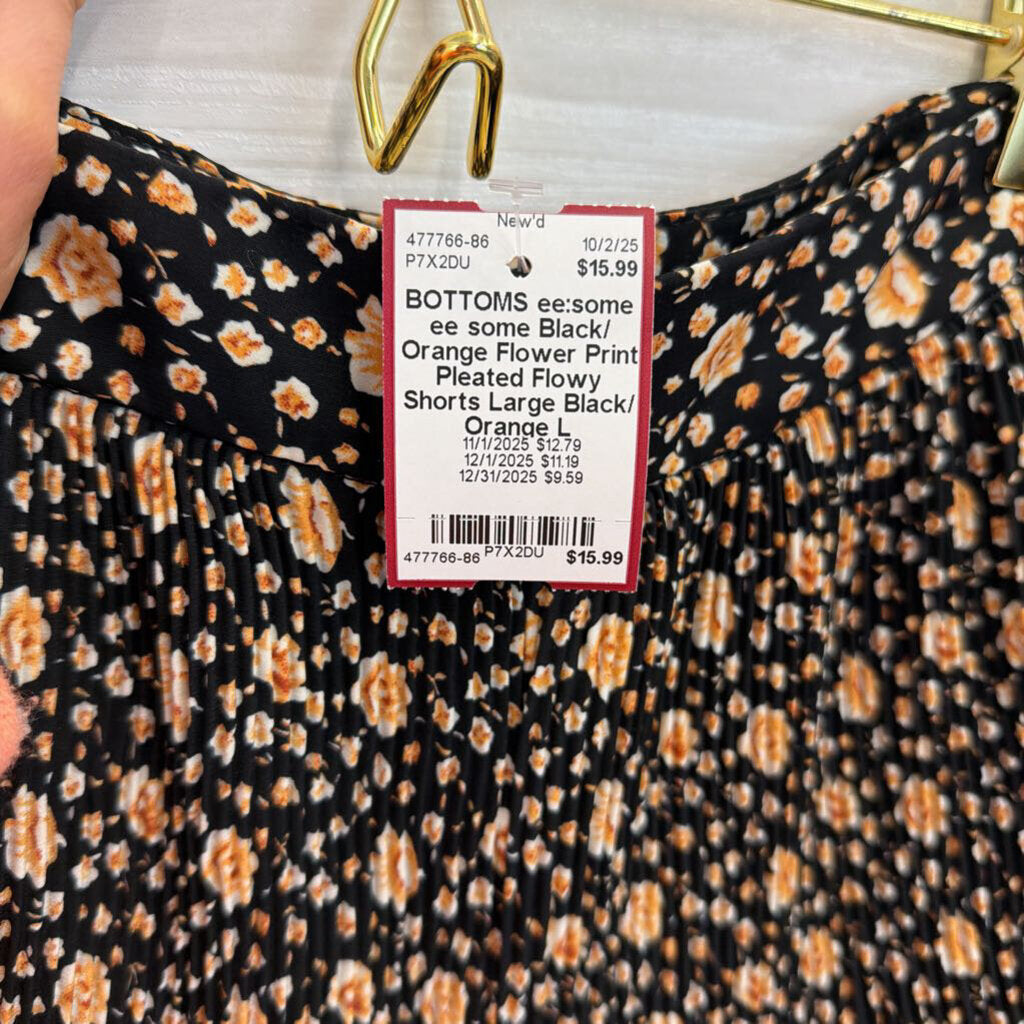 ee some Black/ Orange Flower Print Pleated Flowy Shorts Large