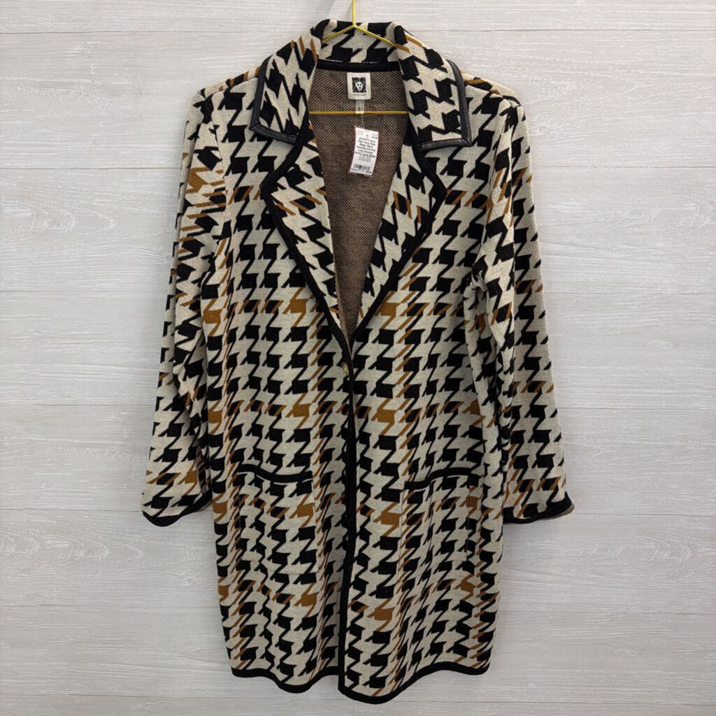 Anne Klein Beige/ Black Houndstooth Knit Long Sweater Jacket Large