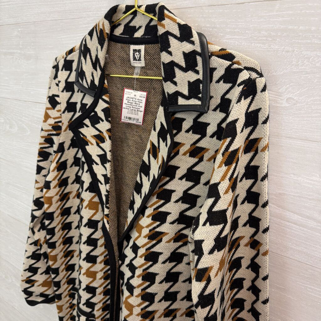 Anne Klein Beige/ Black Houndstooth Knit Long Sweater Jacket Large