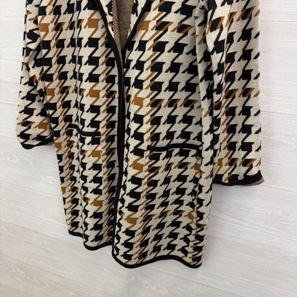 Anne Klein Beige/ Black Houndstooth Knit Long Sweater Jacket Large
