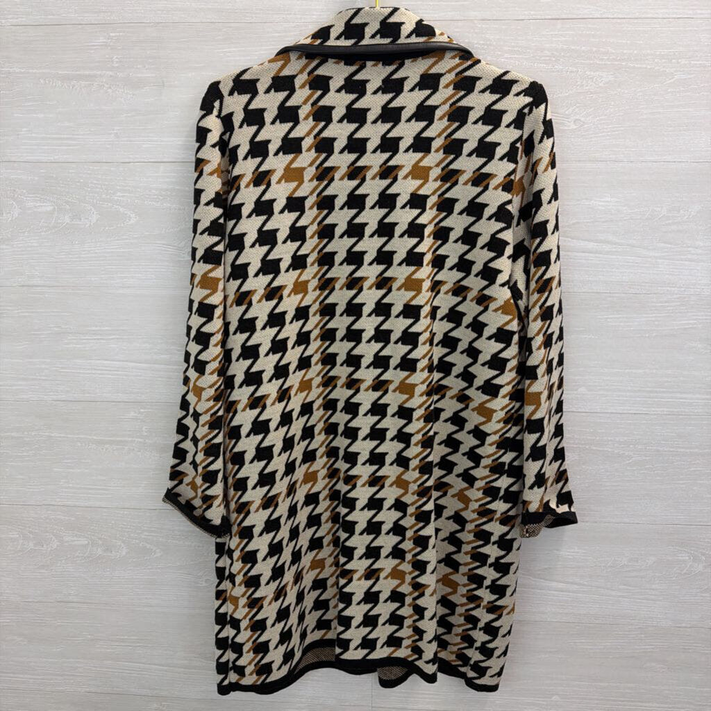 Anne Klein Beige/ Black Houndstooth Knit Long Sweater Jacket Large