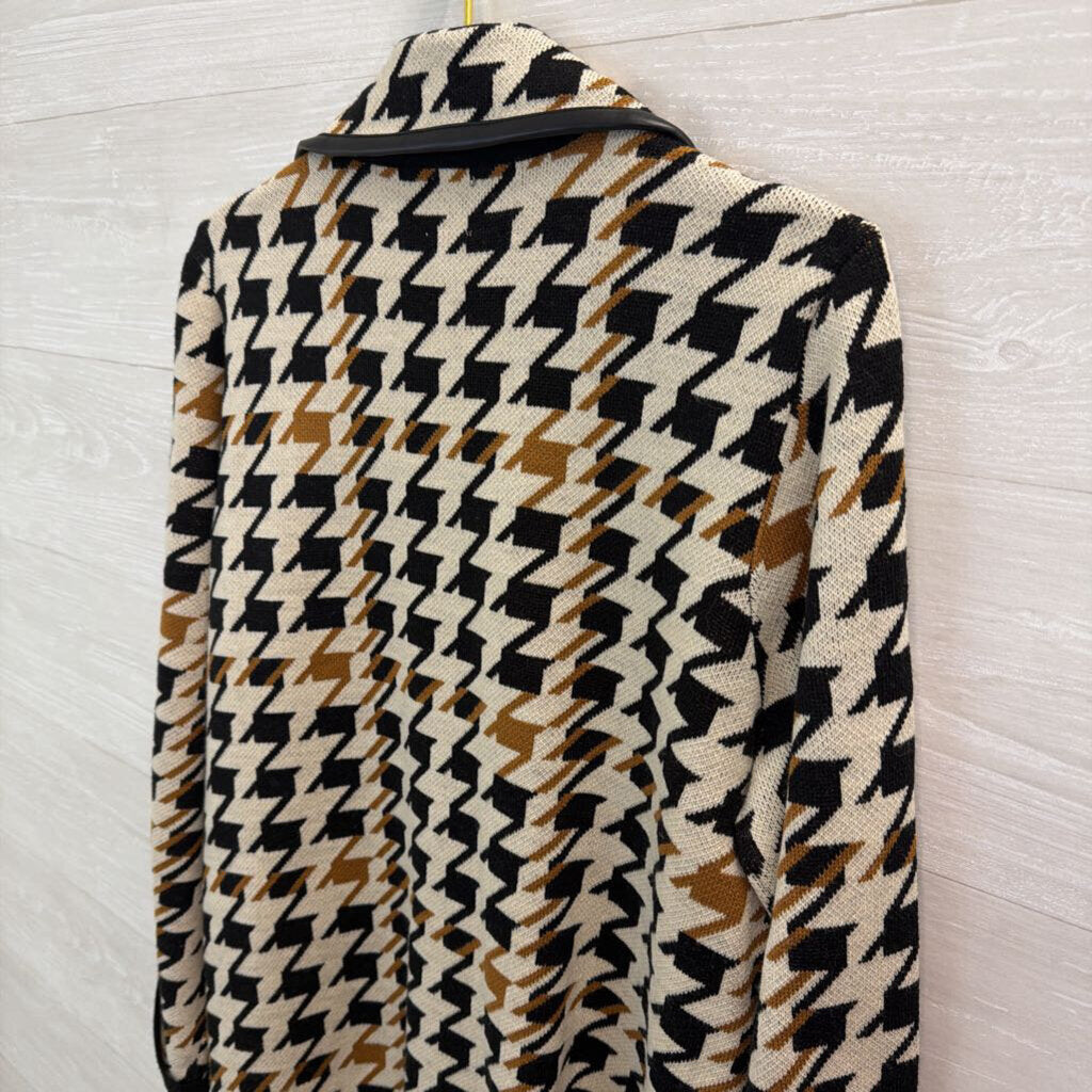 Anne Klein Beige/ Black Houndstooth Knit Long Sweater Jacket Large
