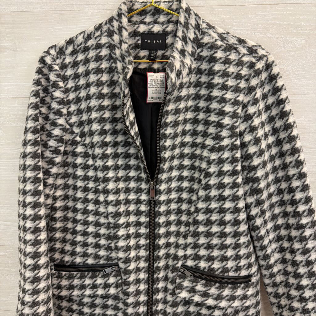 Tribal Black/ White Fuzzy Houndstooth Zip Up Long Jacket Medium