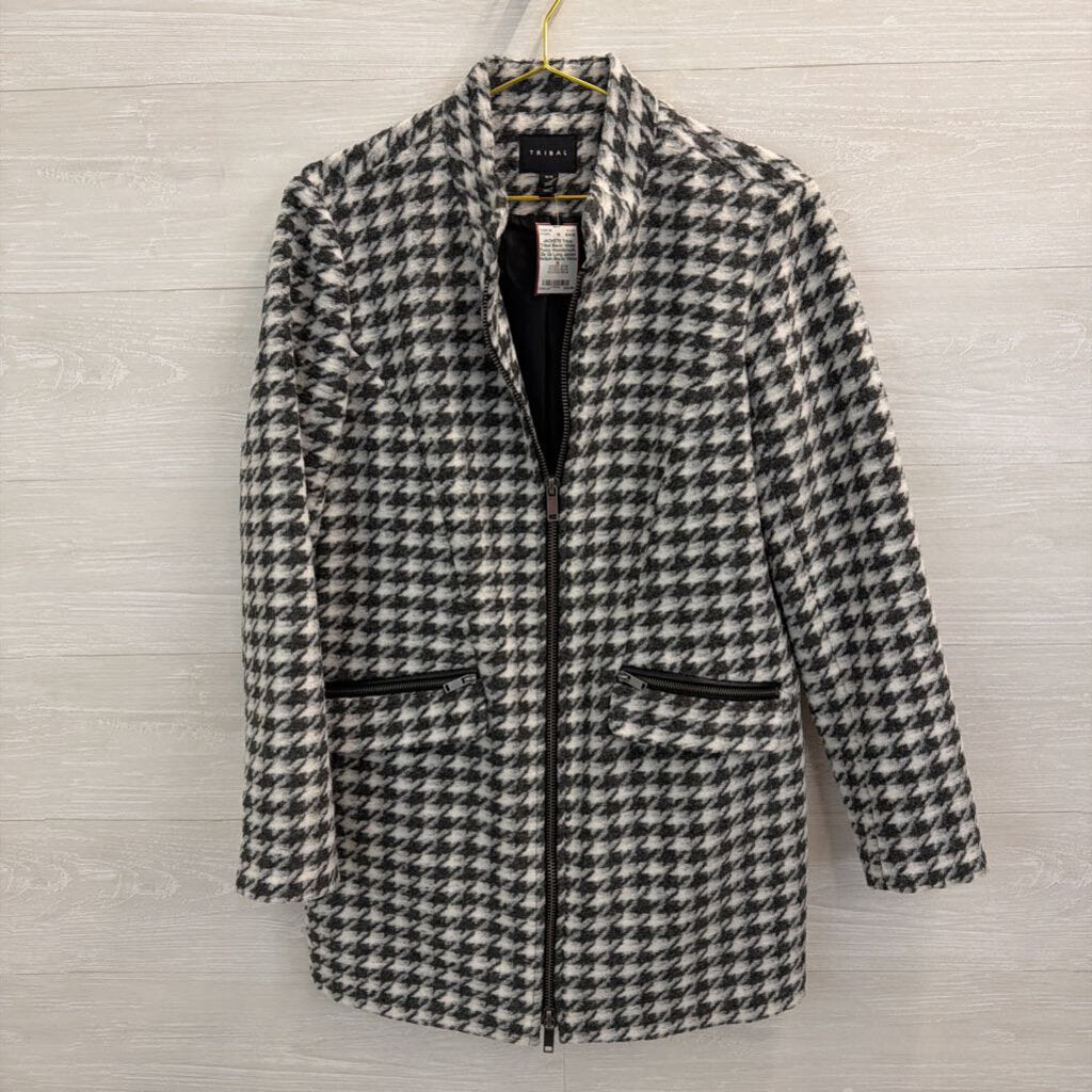Tribal Black/ White Fuzzy Houndstooth Zip Up Long Jacket Medium