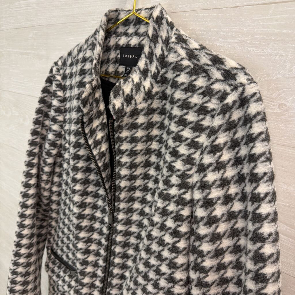 Tribal Black/ White Fuzzy Houndstooth Zip Up Long Jacket Medium