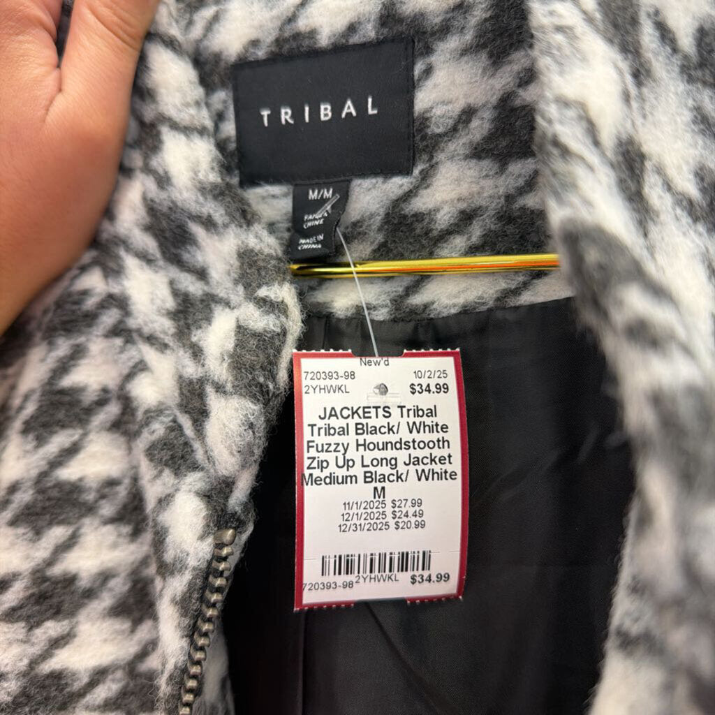 Tribal Black/ White Fuzzy Houndstooth Zip Up Long Jacket Medium