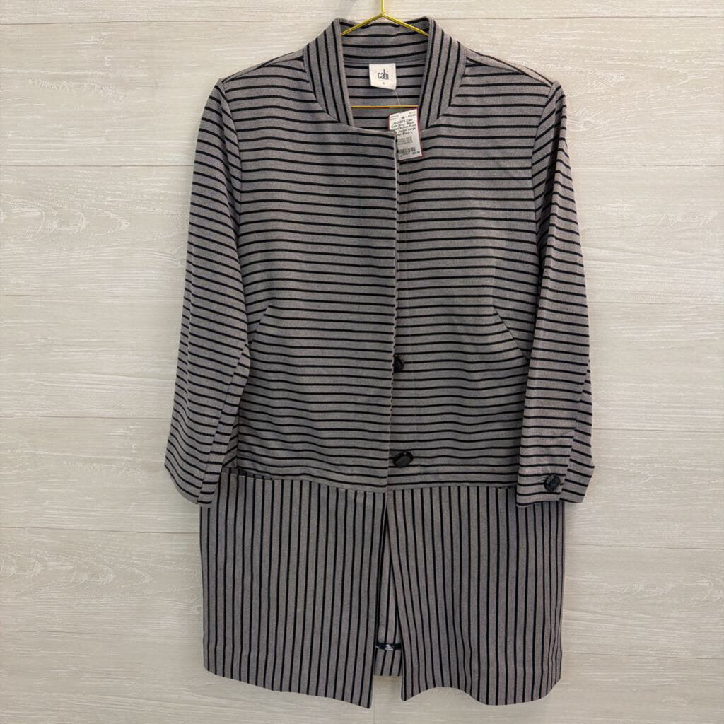 Cabi Grey/ Black Striped Button Front Long Jacket Large