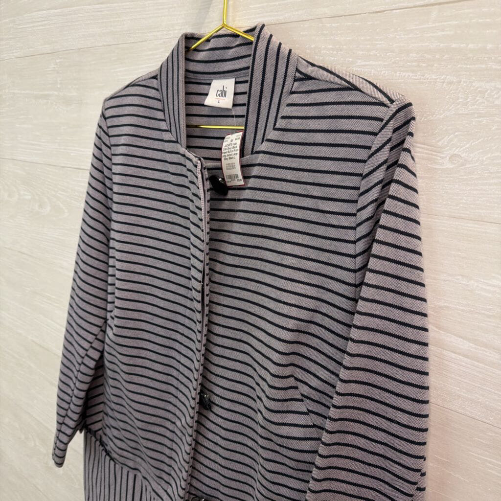Cabi Grey/ Black Striped Button Front Long Jacket Large