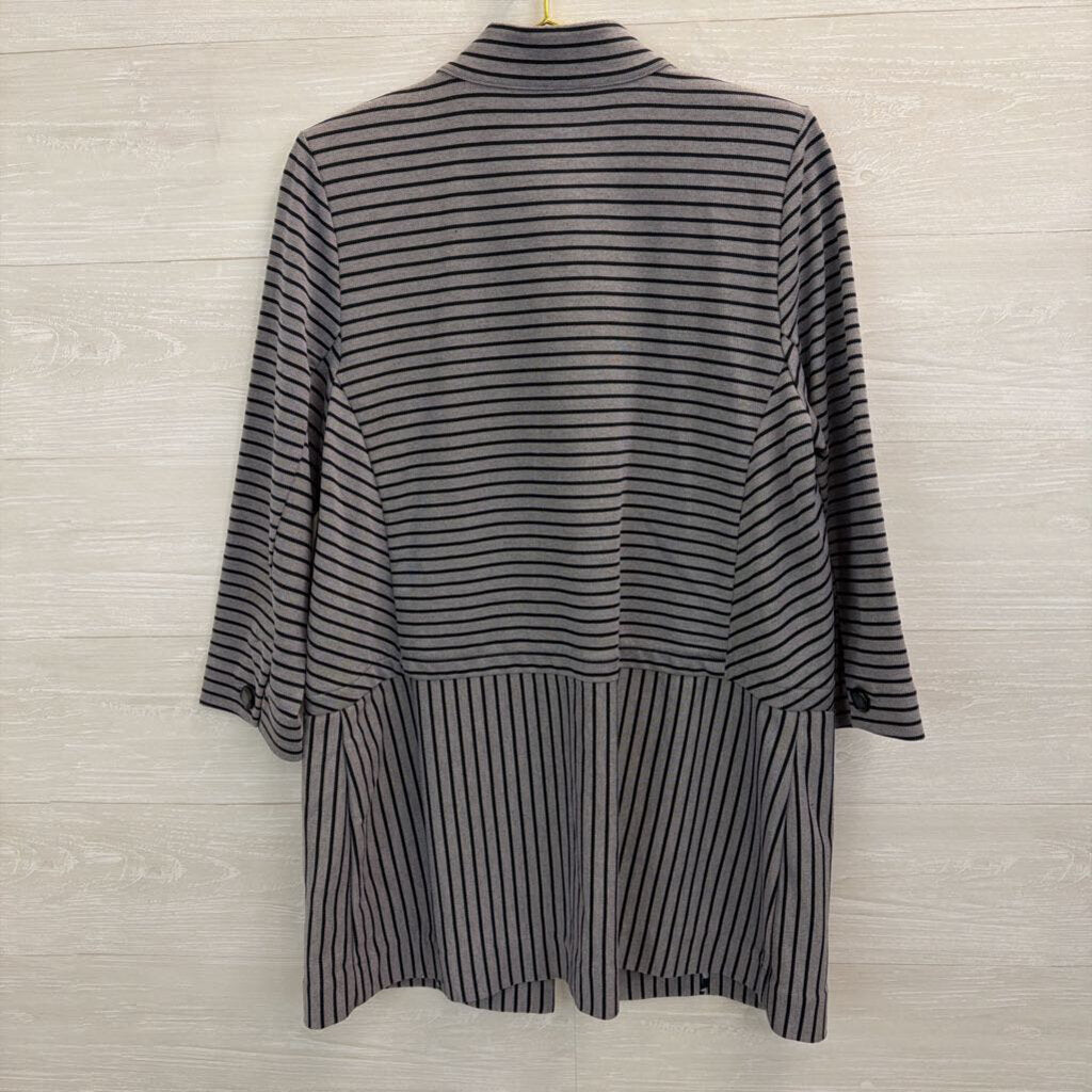 Cabi Grey/ Black Striped Button Front Long Jacket Large