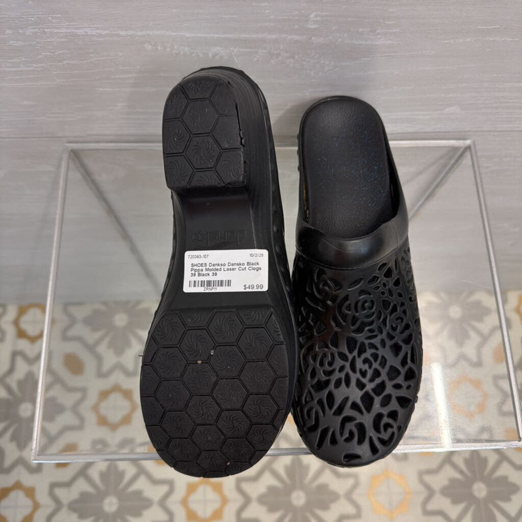 Dansko Black Pippa Molded Laser Cut Clogs 39