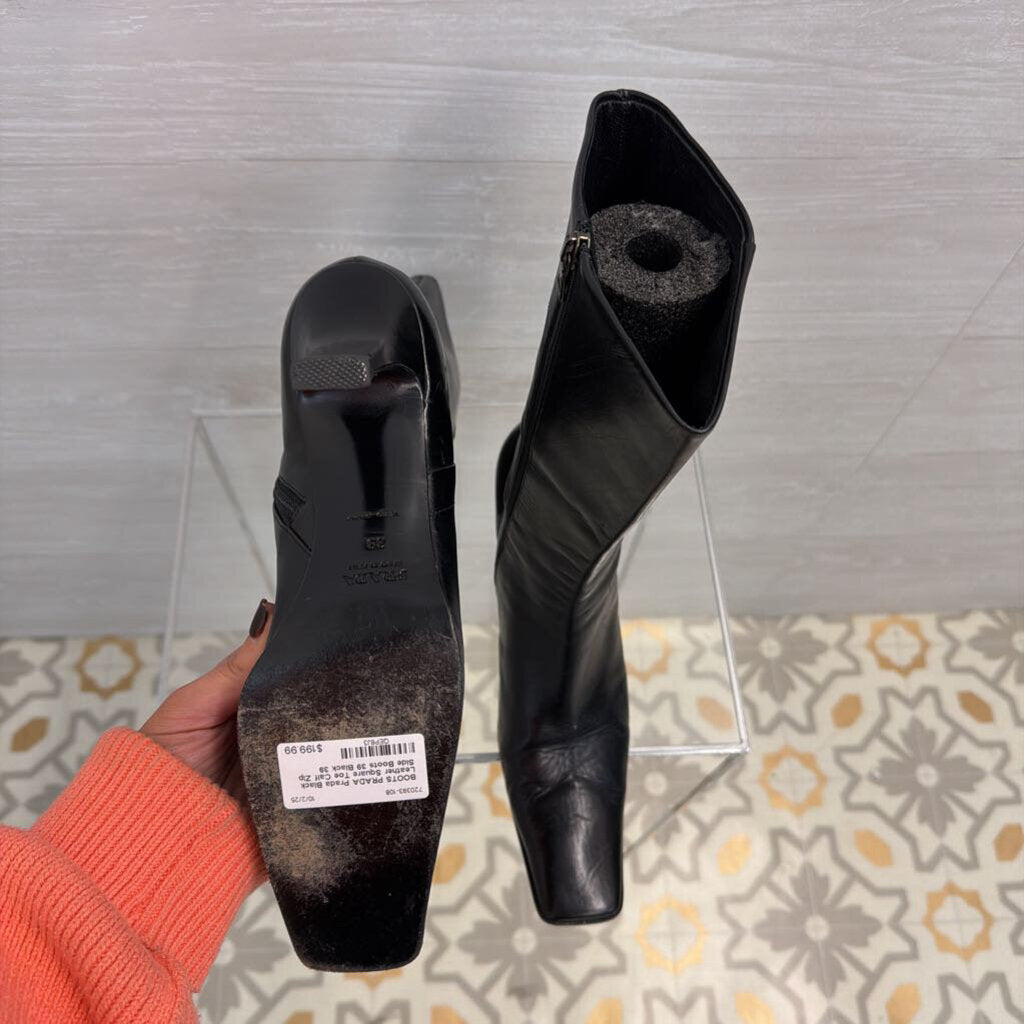 Prada Black Leather Square Toe Calf Zip Side Boots 39