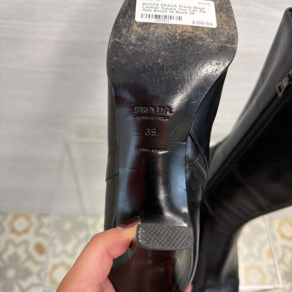 Prada Black Leather Square Toe Calf Zip Side Boots 39