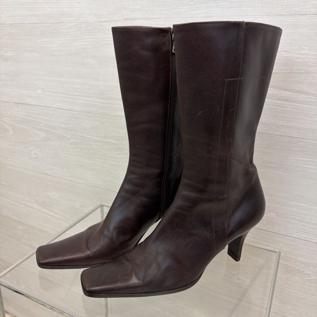 Prada Brown Leather Square Toe Calf Zip Side Boots 39