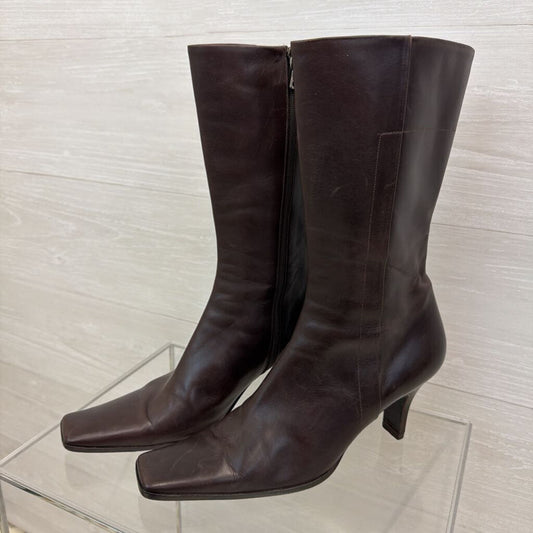 Prada Brown Leather Square Toe Calf Zip Side Boots 39
