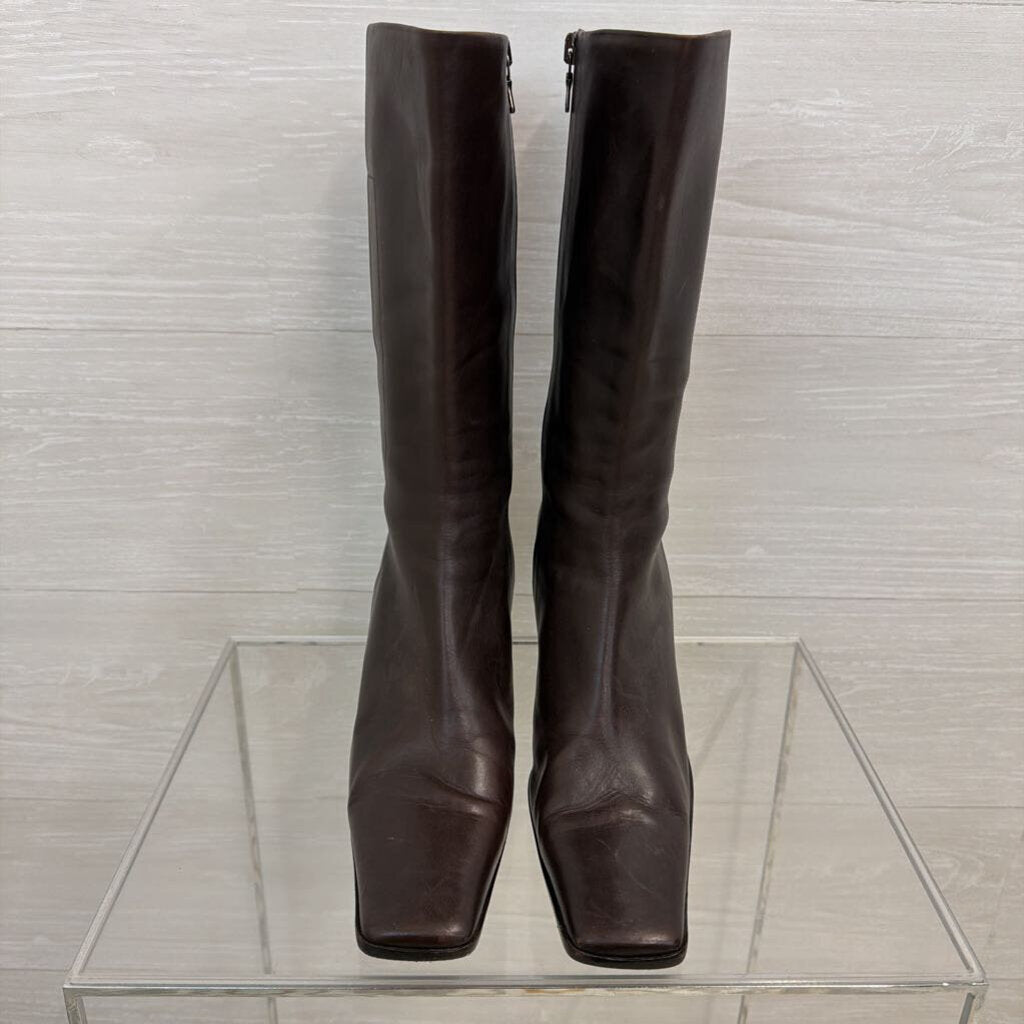 Prada Brown Leather Square Toe Calf Zip Side Boots 39
