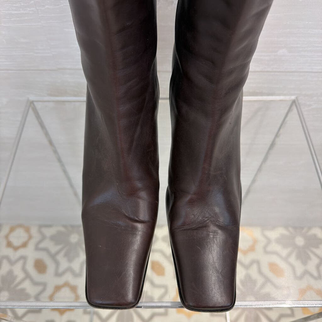 Prada Brown Leather Square Toe Calf Zip Side Boots 39