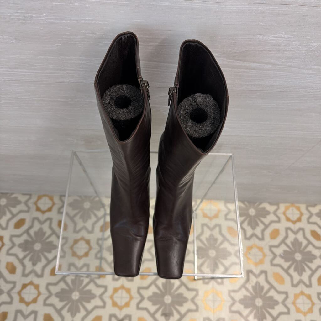 Prada Brown Leather Square Toe Calf Zip Side Boots 39