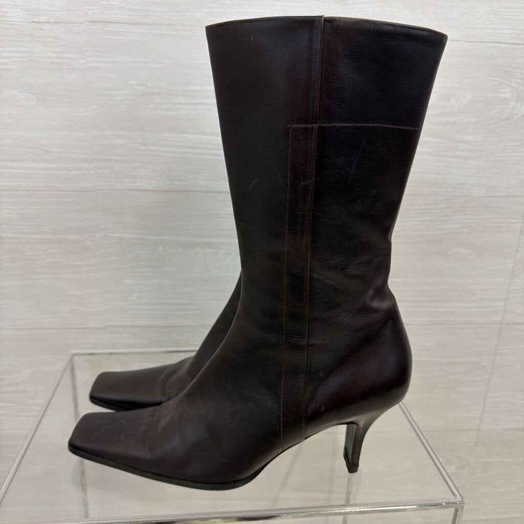 Prada Brown Leather Square Toe Calf Zip Side Boots 39
