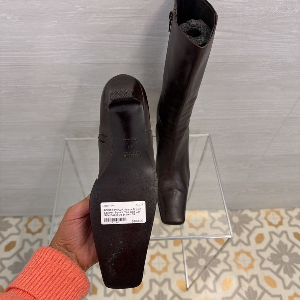 Prada Brown Leather Square Toe Calf Zip Side Boots 39