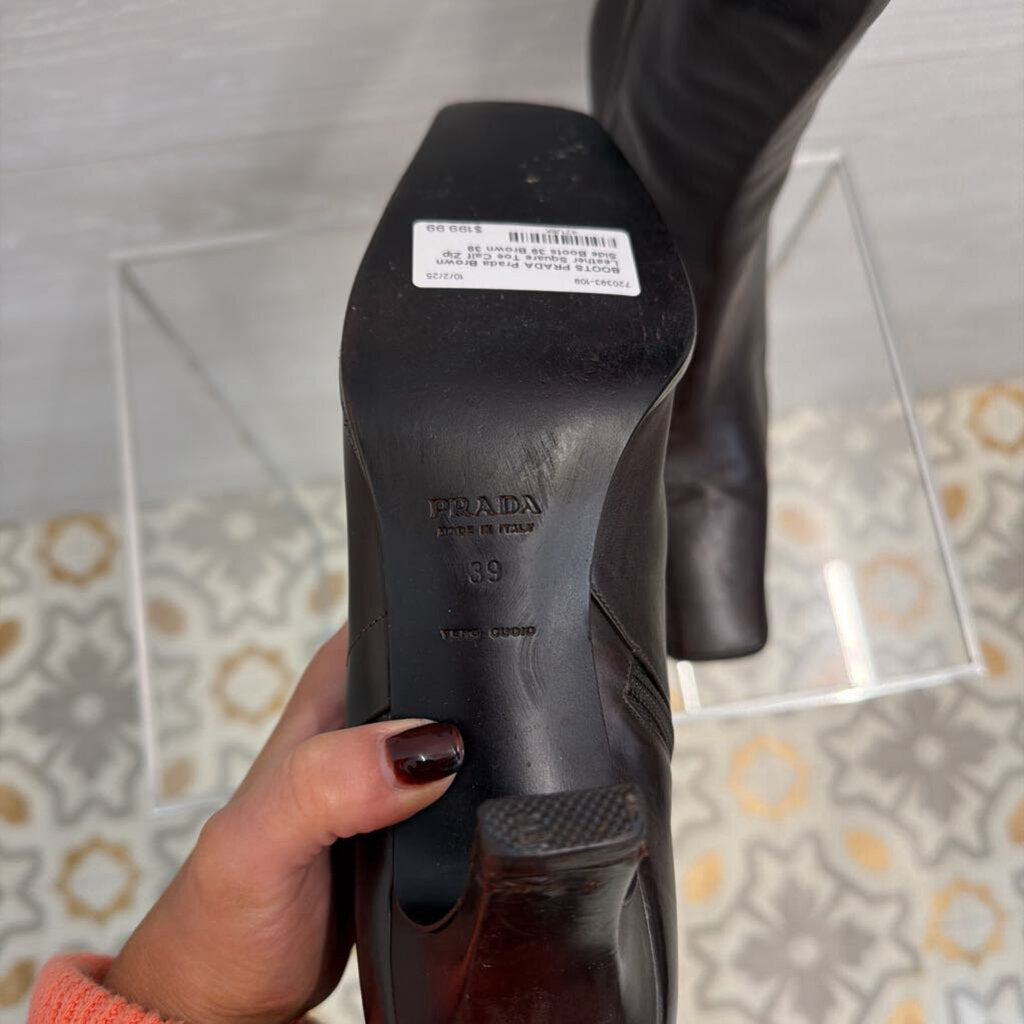 Prada Brown Leather Square Toe Calf Zip Side Boots 39