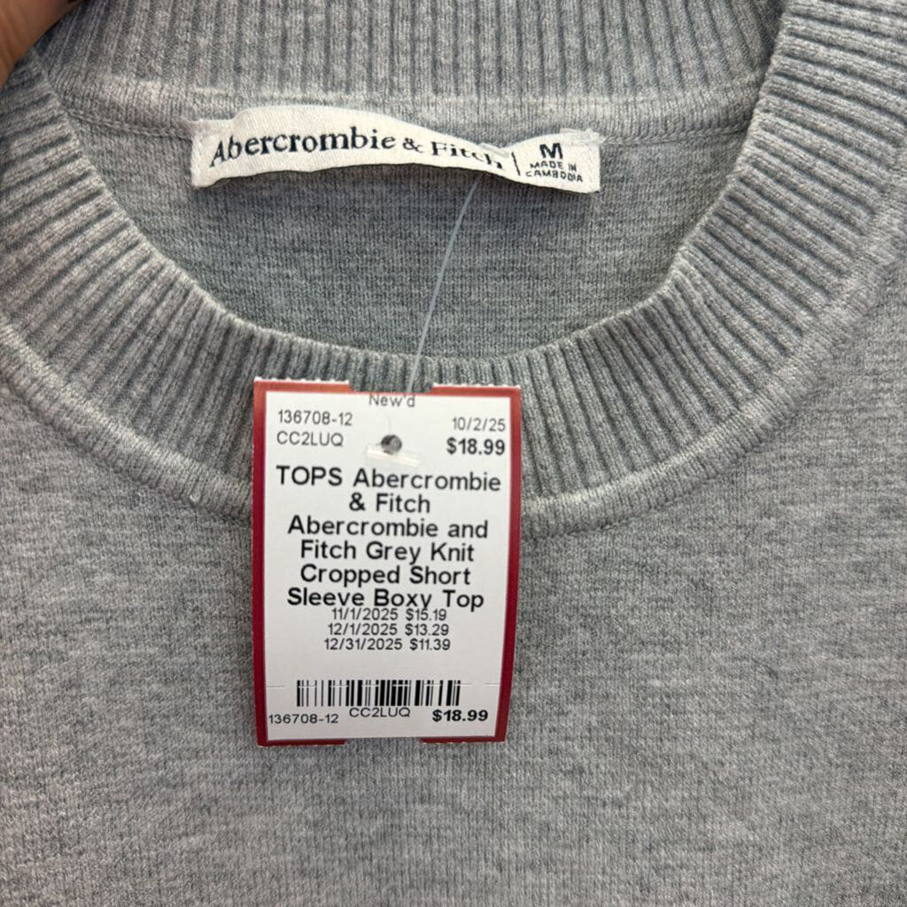 Abercrombie and Fitch Grey Knit Cropped Short Sleeve Boxy Top Medium