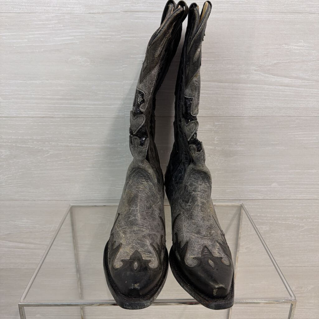 Corral Grey Leather Black Sequin Cowgirl Boots 8.5