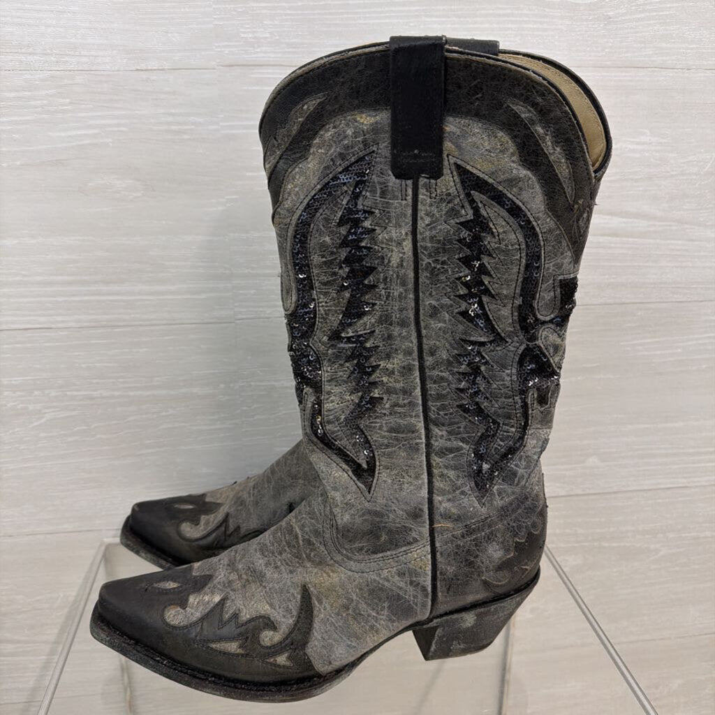 Corral Grey Leather Black Sequin Cowgirl Boots 8.5