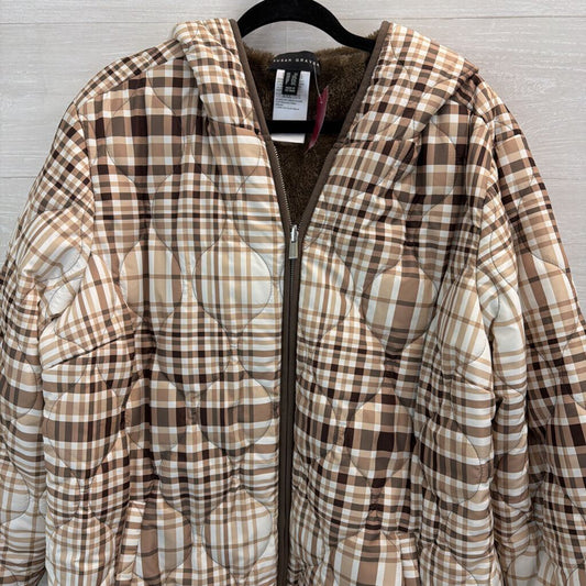 Susan Graver Brown/ White Plaid Quilted Fleece Lined Hooded Jacket 2X
