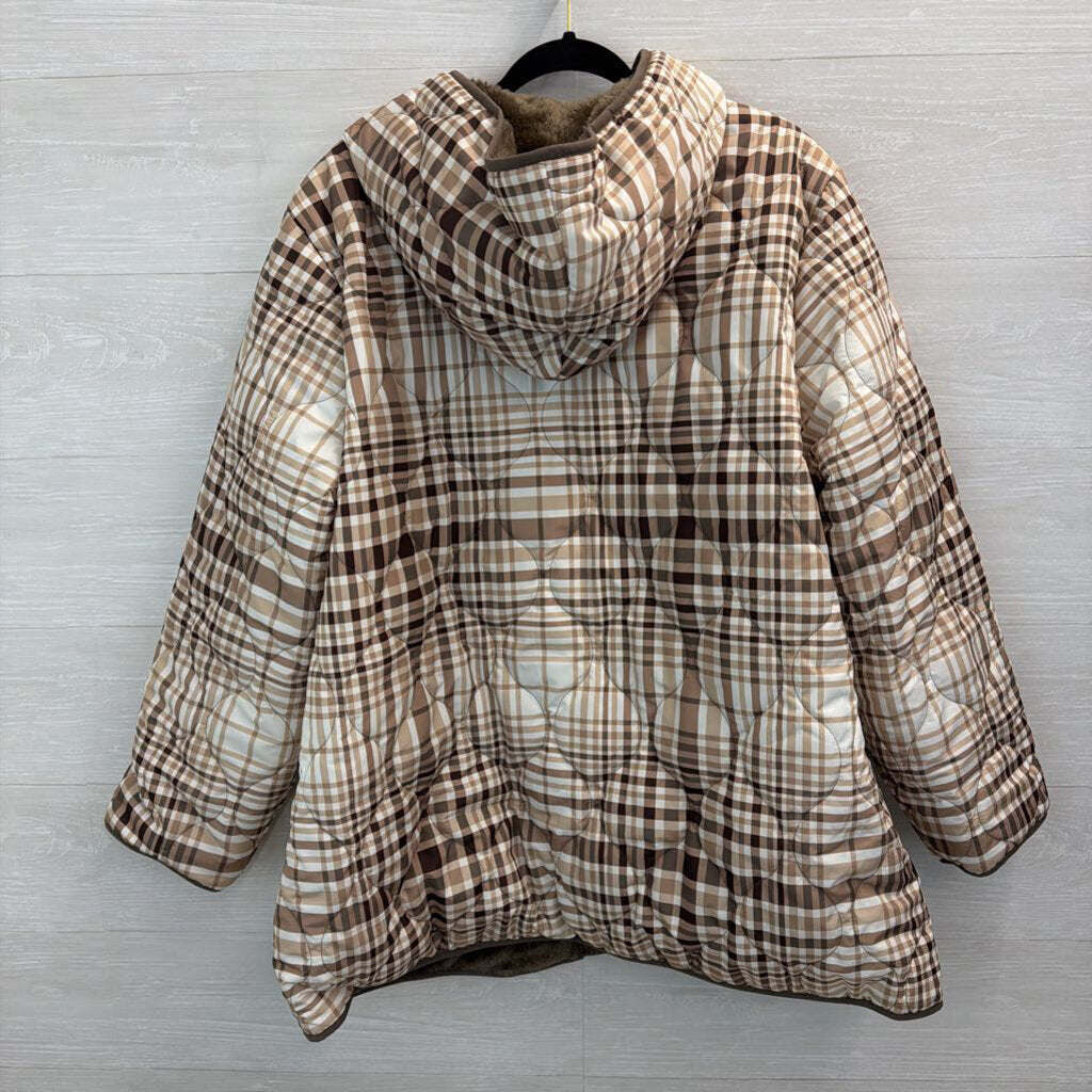 Susan Graver Brown/ White Plaid Quilted Fleece Lined Hooded Jacket 2X