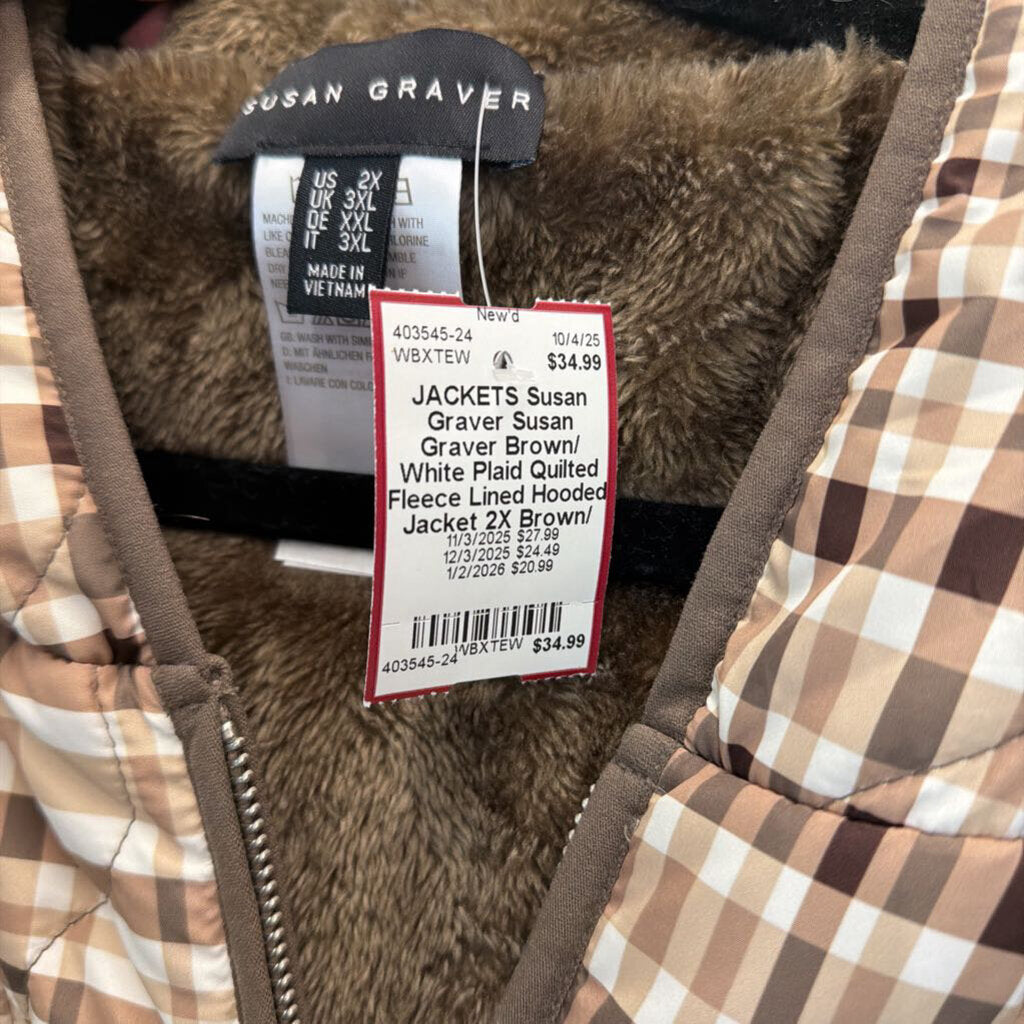 Susan Graver Brown/ White Plaid Quilted Fleece Lined Hooded Jacket 2X