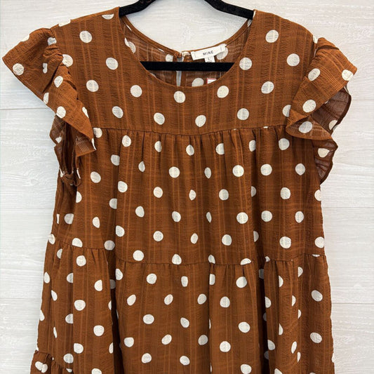 Mine Brown/ White Polka Dot Short Flutter Sleeve Dress Large