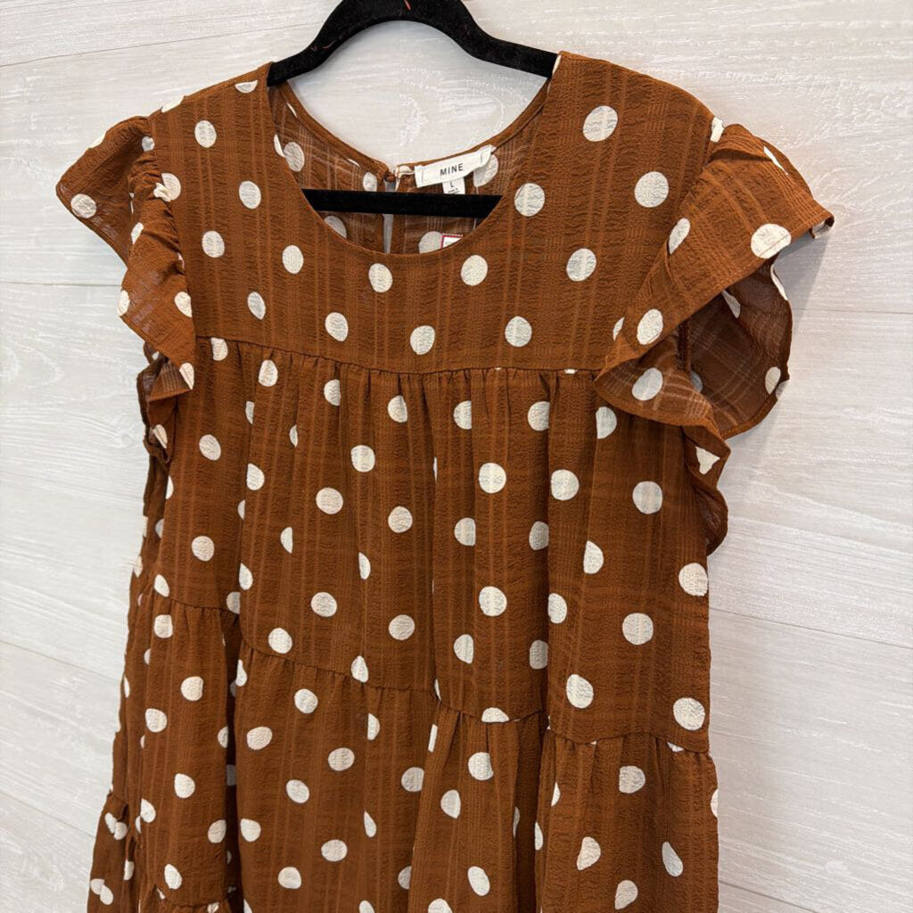 Mine Brown/ White Polka Dot Short Flutter Sleeve Dress Large