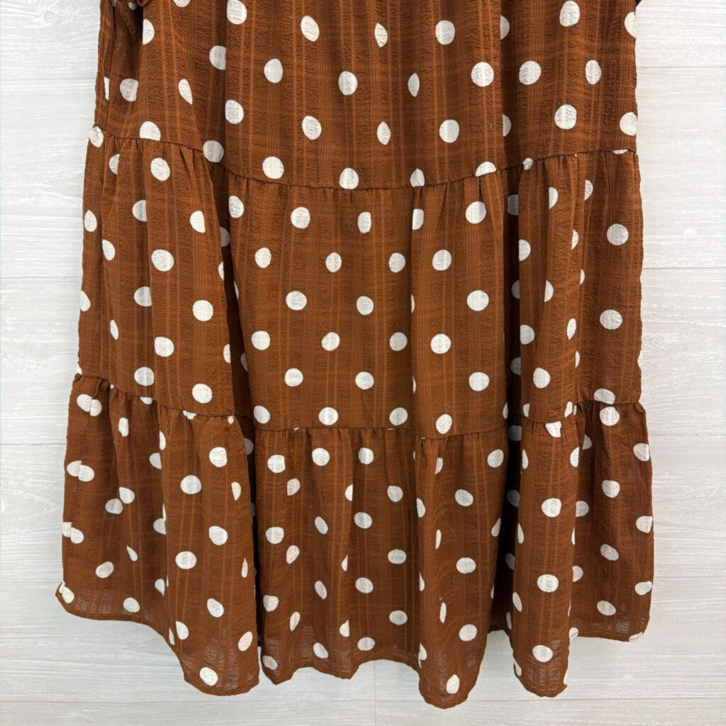 Mine Brown/ White Polka Dot Short Flutter Sleeve Dress Large