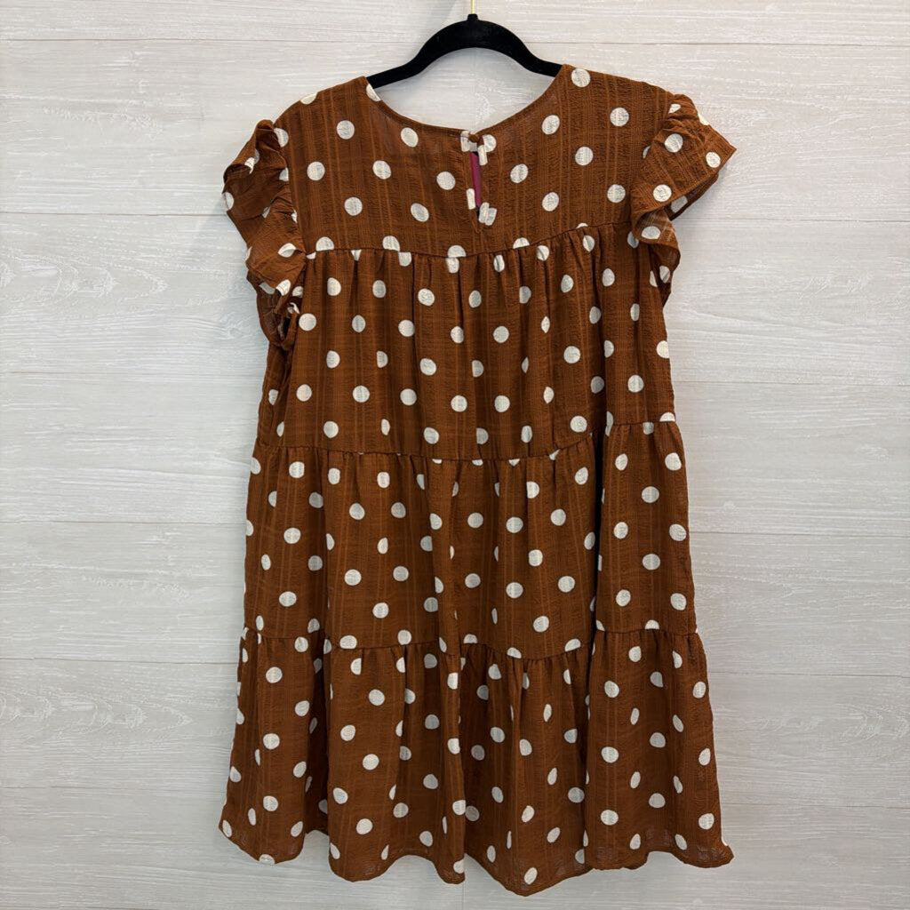 Mine Brown/ White Polka Dot Short Flutter Sleeve Dress Large